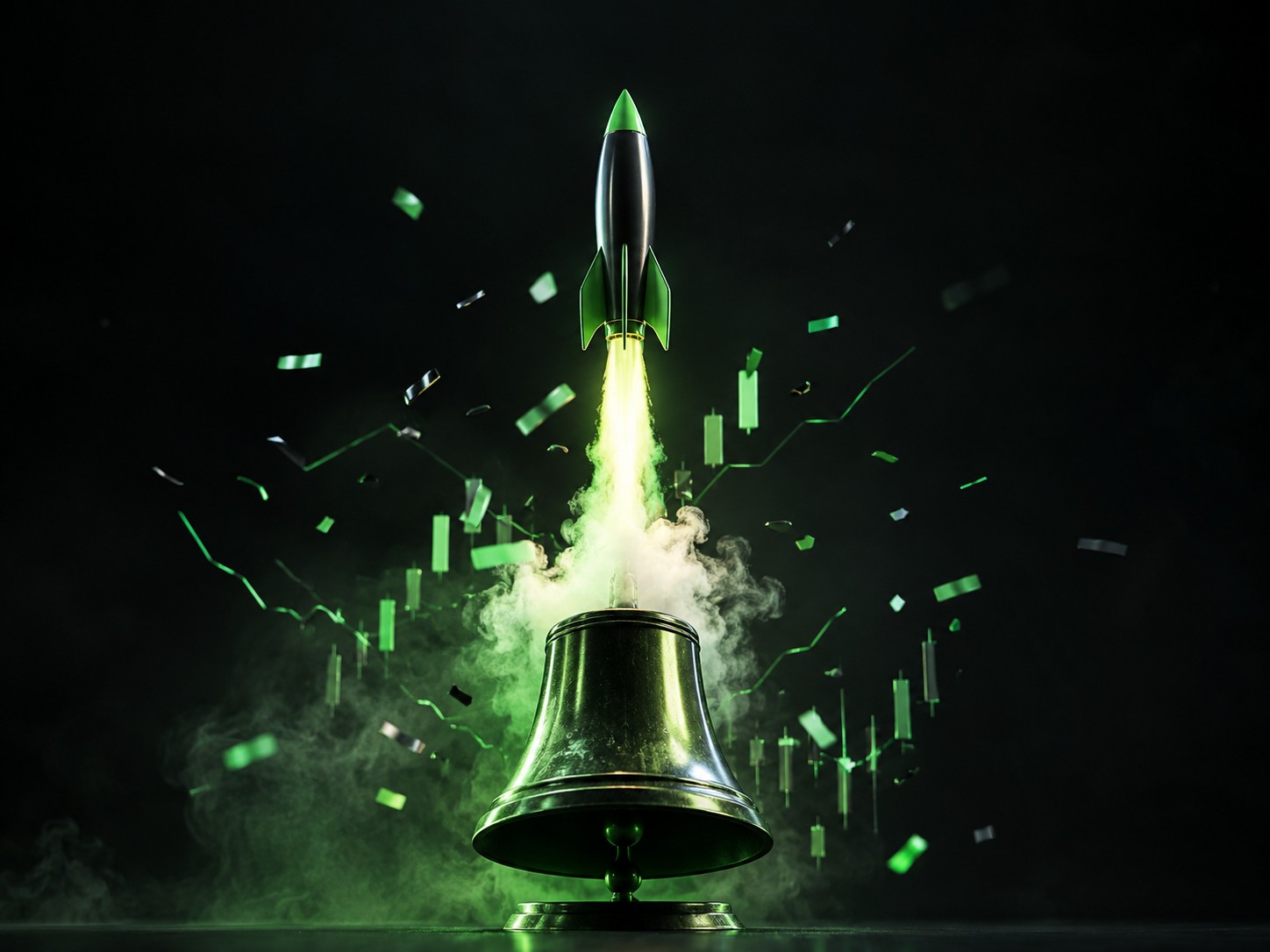Rocket launching from a bell with confetti of chart lines