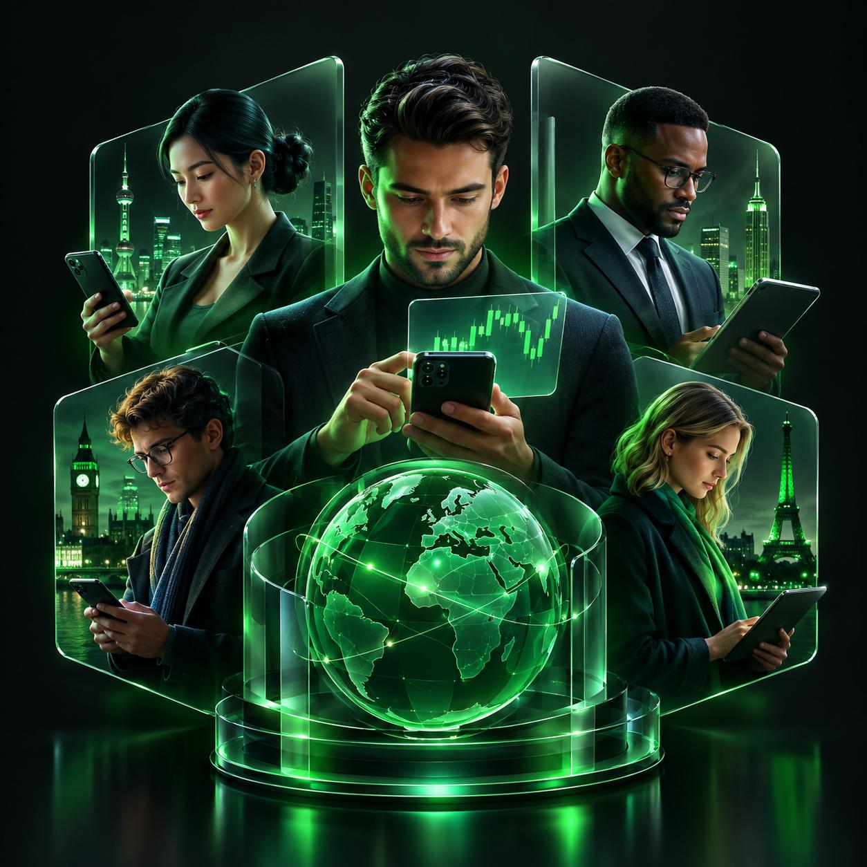 Diverse professionals in different world cities checking a trading app