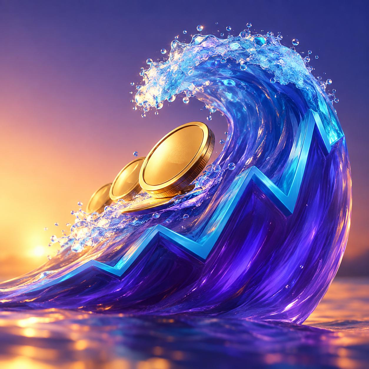 Coins surfing on a huge wave shaped like a price chart