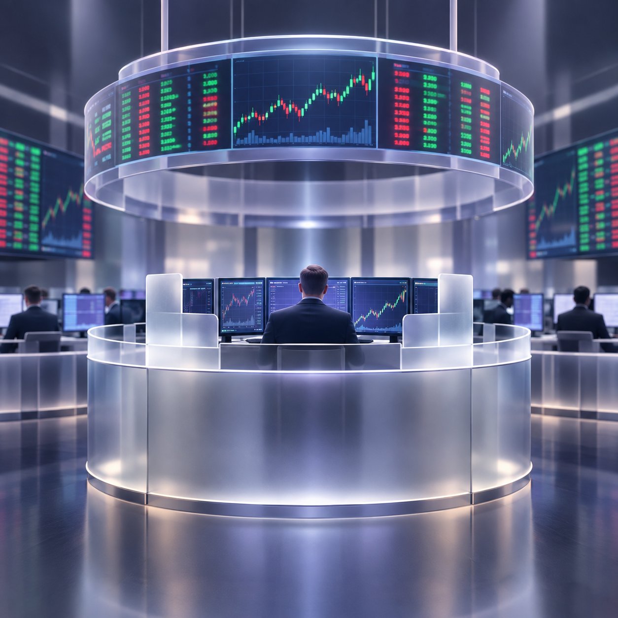 Modern stock exchange trading floor with large screens of green and red tickers